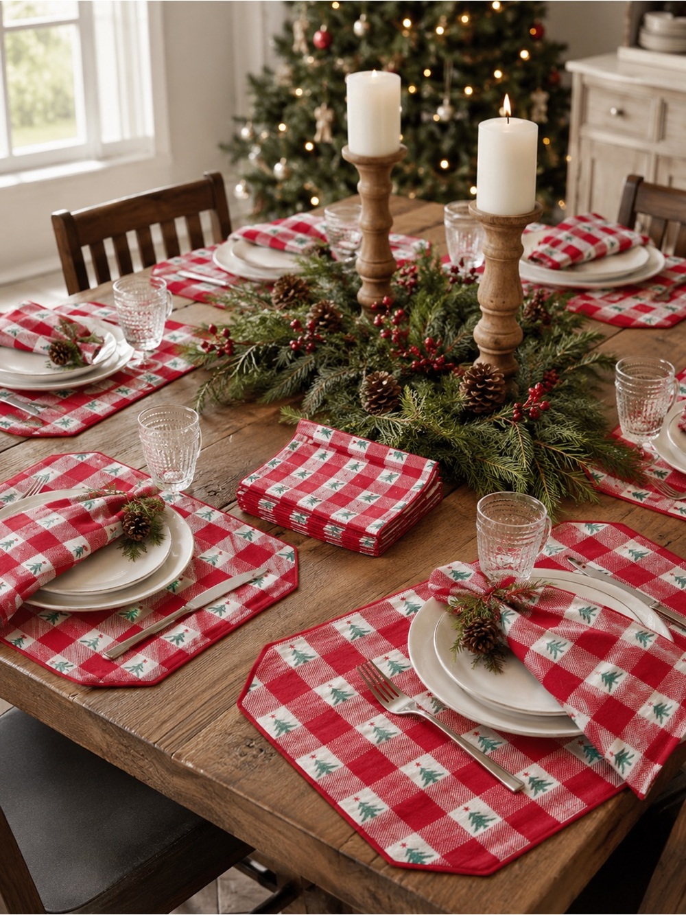 VTG NIP Chadwick's of Boston Christmas Tree Gingham 24 Pc - Set 12 Napkin 12 Mat